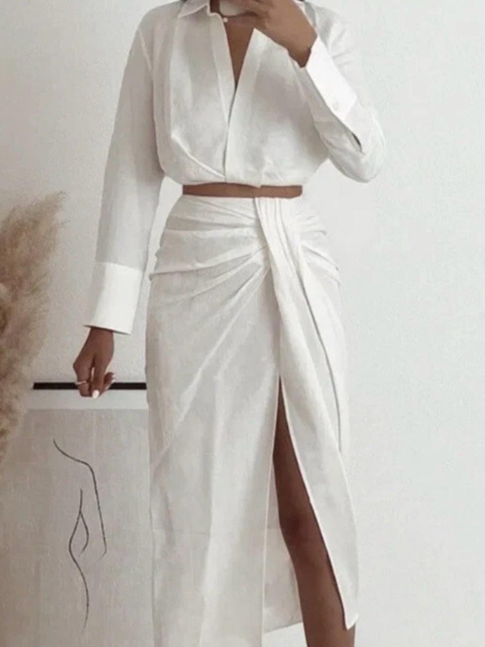 Zara White Draped Midi Skirt with Slit linen blend